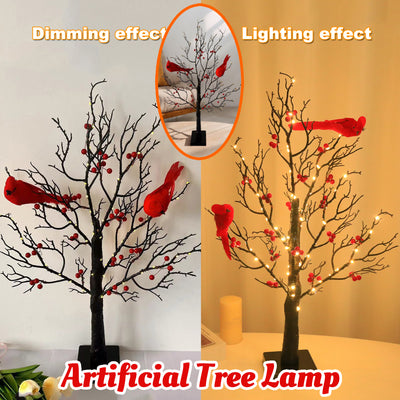 Lighted Mini Birch Tree Light LED Cardinals Christmas Tree Vintage Glowing Tree Light For Table Holiday Home Xmas Decoration